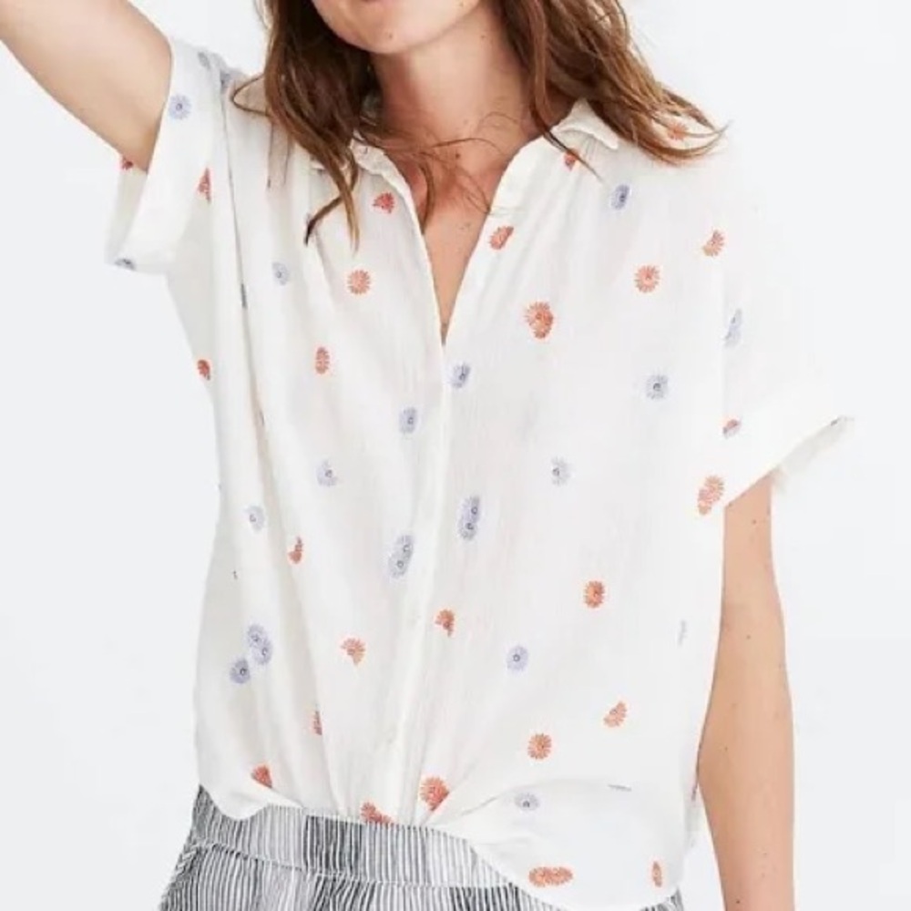 Madewell White Short-Sleeve Floral Button-Popover Top with Orange and Blue Dots